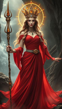 A mystical portrayal of the Goddess of Wands, now donned in a fiery red flowing dress