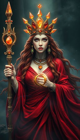 A mystical portrayal of the Goddess of Wands, now donned in a fiery red flowing dress