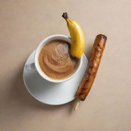 A playful and creative funart piece featuring a warm cup of coffee and a caramelized grilled banana on a stick.