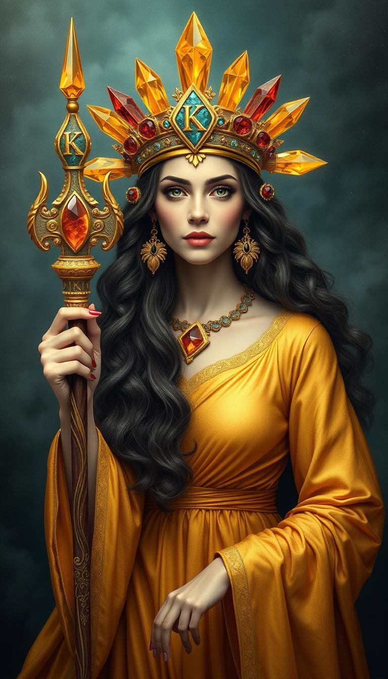 A mystical portrayal of the Goddess of Wands, resplendent in a flowing gold dress