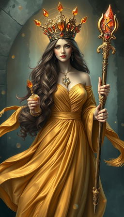 A mystical portrayal of the Goddess of Wands, resplendent in a flowing gold dress