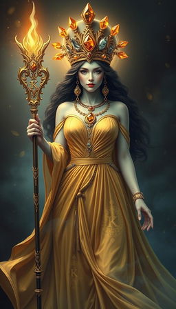 A mystical portrayal of the Goddess of Wands, resplendent in a flowing gold dress