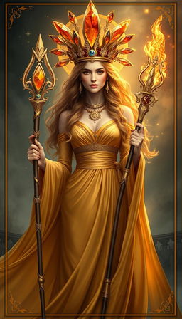 A mystical portrayal of the Goddess of Wands, resplendent in a flowing gold dress