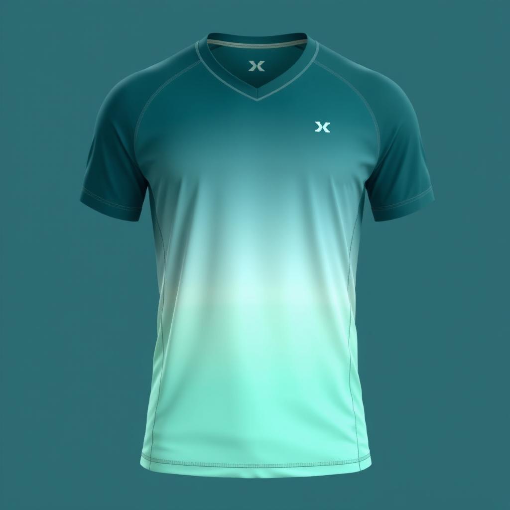 A modern running jersey featuring a gradient design that smoothly transitions from dark teal (#046C6D) at the shoulders to light mint green (#86E2CB) at the hem