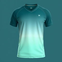 A modern running jersey featuring a gradient design that smoothly transitions from dark teal (#046C6D) at the shoulders to light mint green (#86E2CB) at the hem