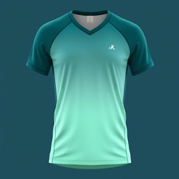 A modern running jersey featuring a gradient design that smoothly transitions from dark teal (#046C6D) at the shoulders to light mint green (#86E2CB) at the hem