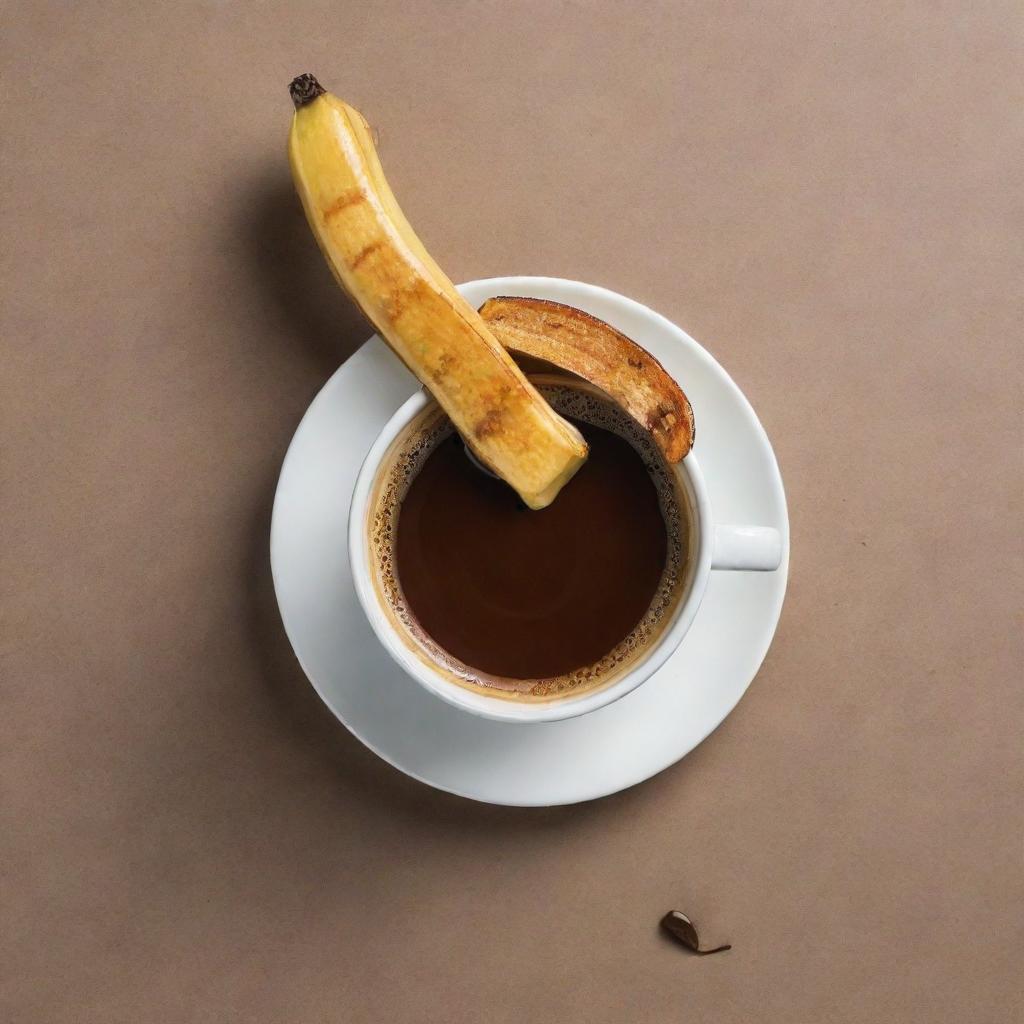 A playful and creative funart piece featuring a warm cup of coffee and a caramelized grilled banana on a stick.