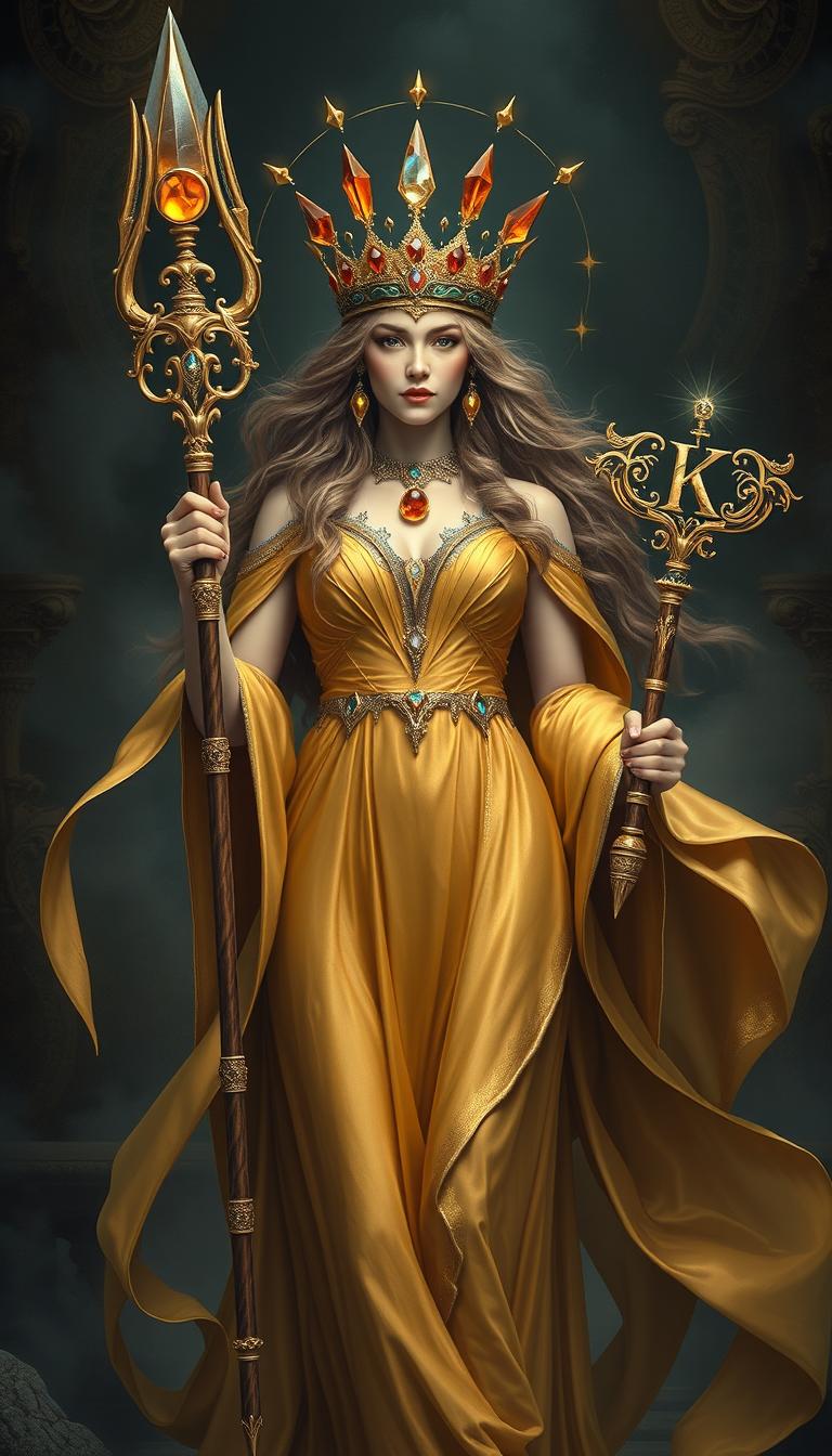 A mystical portrayal of the Goddess of Wands, adorned in a flowing gold dress