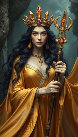 A mystical portrayal of the Goddess of Wands, adorned in a flowing gold dress