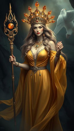 A mystical portrayal of the Goddess of Wands, adorned in a flowing gold dress