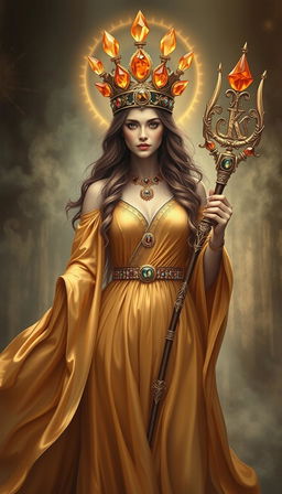 A mystical portrayal of the Goddess of Wands, adorned in a flowing gold dress