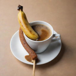 A playful and creative funart piece featuring a warm cup of coffee and a caramelized grilled banana on a stick.