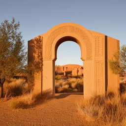 A warm, western scene with an elegant, emphatic arched monument glowing in cream color.