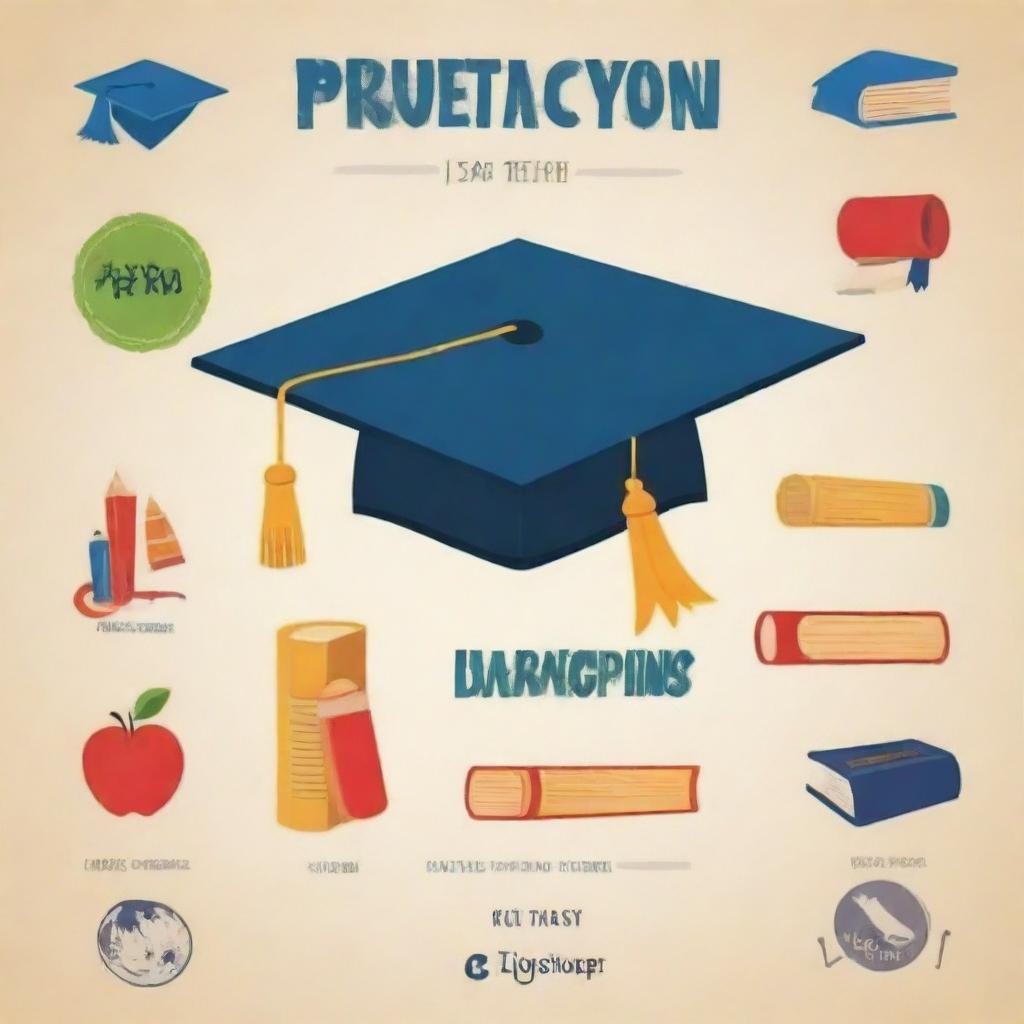 An impactful advocacy campaign poster concerning education. Display a catchy slogan about the importance of education, the poster should be vibrant, featuring symbols associated with learning like a cap, diploma, books, and classrooms