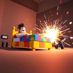 A dramatic Roblox Bedwars thumbnail featuring an intense scene where a colorful bed is about to be destroyed