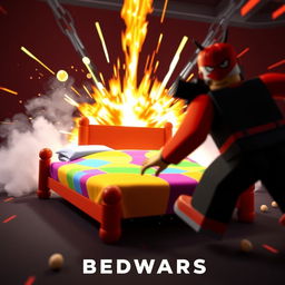 A dramatic Roblox Bedwars thumbnail featuring an intense scene where a colorful bed is about to be destroyed