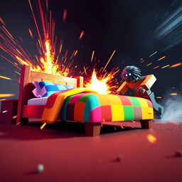 A dramatic Roblox Bedwars thumbnail featuring an intense scene where a colorful bed is about to be destroyed