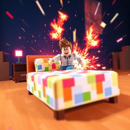 A dramatic Roblox Bedwars thumbnail featuring an intense scene where a colorful bed is about to be destroyed