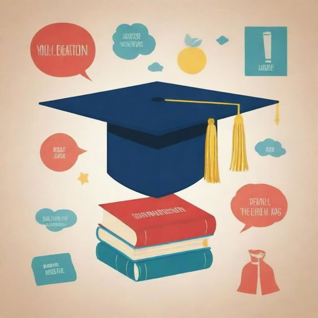 An impactful advocacy campaign poster concerning education. Display a catchy slogan about the importance of education, the poster should be vibrant, featuring symbols associated with learning like a cap, diploma, books, and classrooms