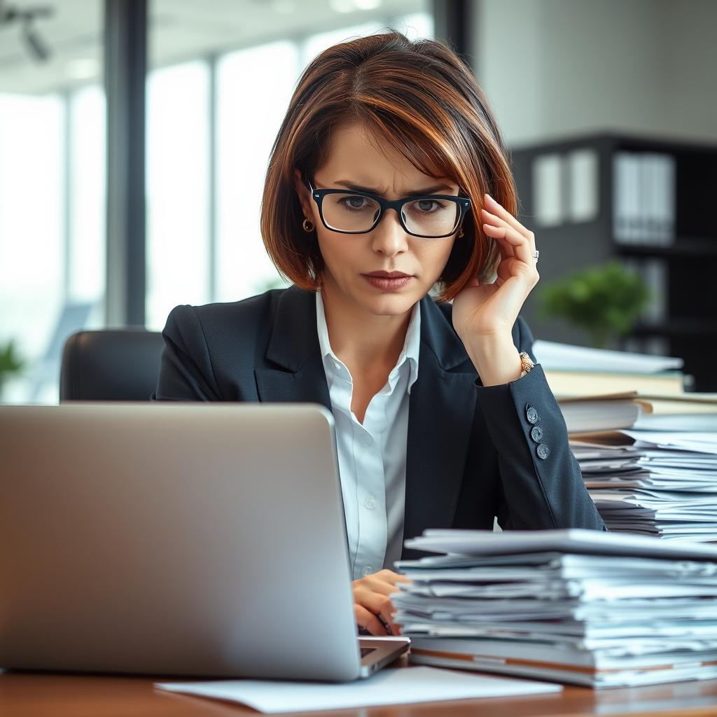 A professional woman with short brown hair and glasses, wearing a business suit, sitting at her desk in an office, appearing visibly worried