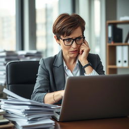 A professional woman with short brown hair and glasses, wearing a business suit, sitting at her desk in an office, appearing visibly worried