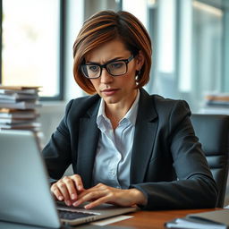 A professional woman with short brown hair and glasses, wearing a business suit, sitting at her desk in an office, appearing visibly worried