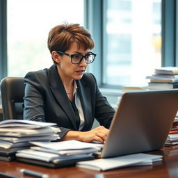 A professional woman with short brown hair and glasses, wearing a business suit, sitting at her desk in an office, appearing visibly worried