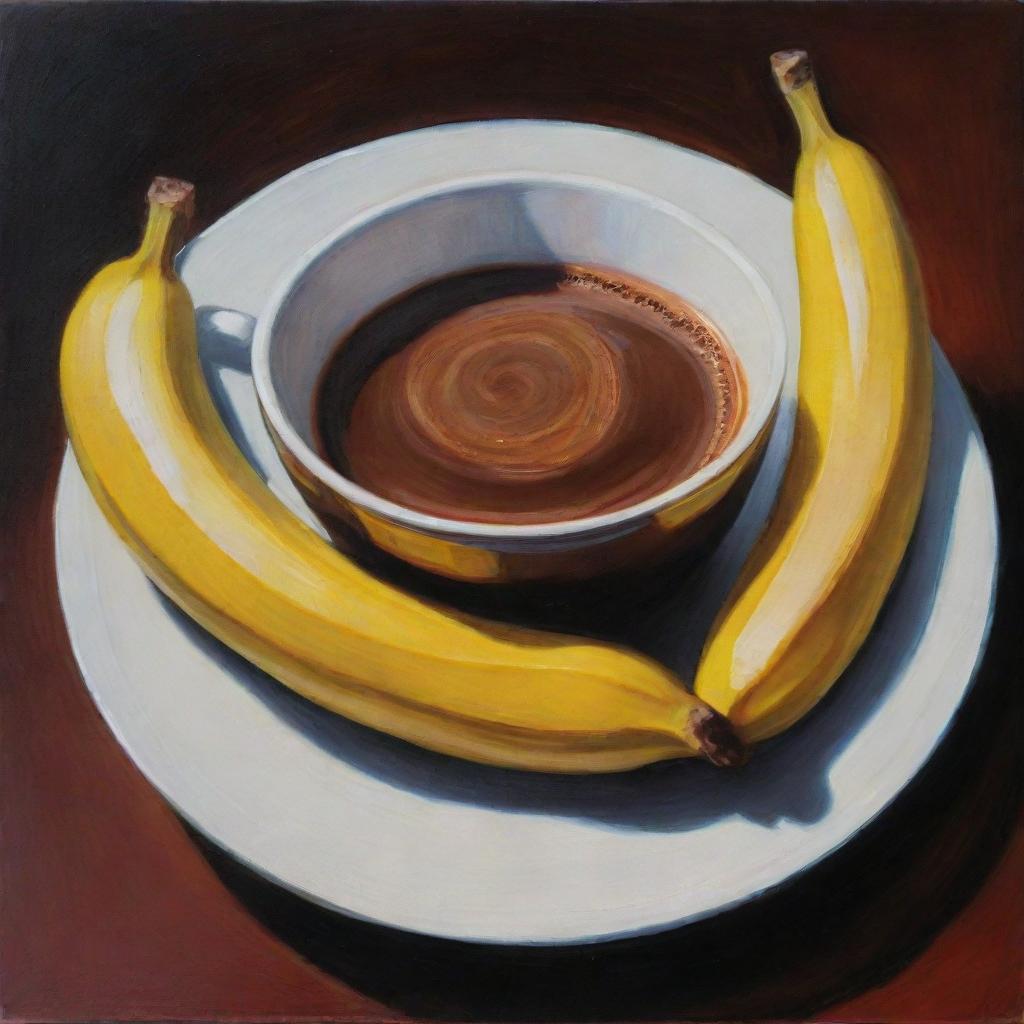 An artistic representation of a warm, inviting cup of coffee and a lusciously grilled banana on a stick. The painting captures the deep, rich colors and comfortable warmth associated with the food.