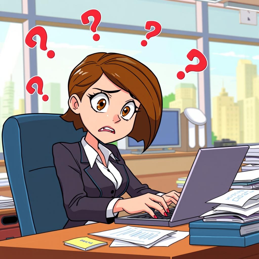 An animated character, a woman with short brown hair and large expressive eyes, dressed in a stylish business outfit, sits at a cluttered desk in an office, looking visibly concerned