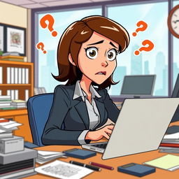 An animated character, a woman with short brown hair and large expressive eyes, dressed in a stylish business outfit, sits at a cluttered desk in an office, looking visibly concerned