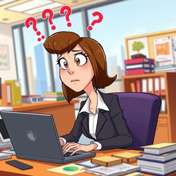 An animated character, a woman with short brown hair and large expressive eyes, dressed in a stylish business outfit, sits at a cluttered desk in an office, looking visibly concerned