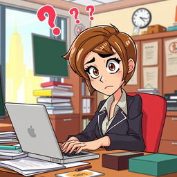 An animated character, a woman with short brown hair and large expressive eyes, dressed in a stylish business outfit, sits at a cluttered desk in an office, looking visibly concerned