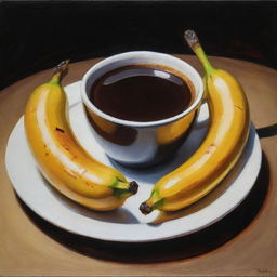 An artistic representation of a warm, inviting cup of coffee and a lusciously grilled banana on a stick. The painting captures the deep, rich colors and comfortable warmth associated with the food.