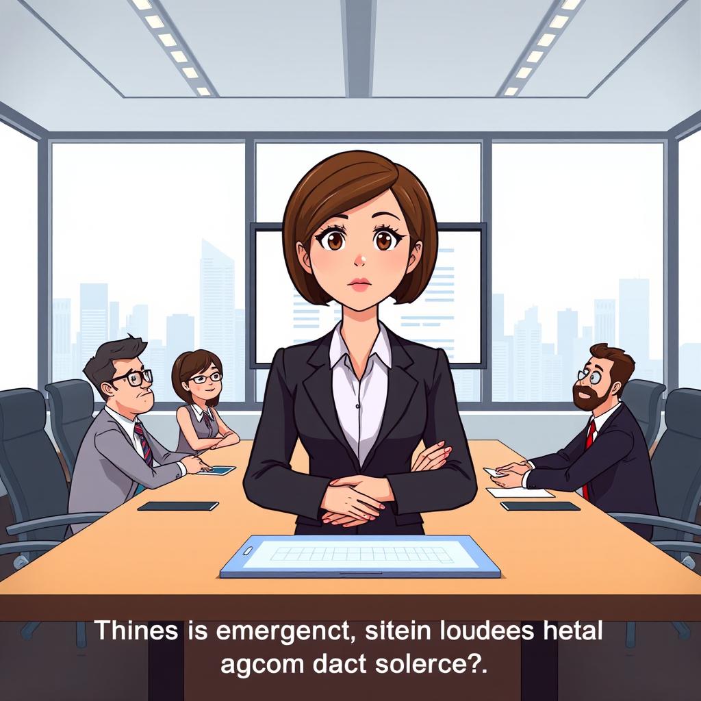 An animated scene of a professional woman with short brown hair, dressed in a smart business suit, standing in front of a large conference table