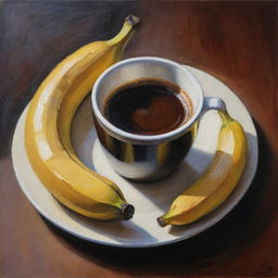 An artistic representation of a warm, inviting cup of coffee and a lusciously grilled banana on a stick. The painting captures the deep, rich colors and comfortable warmth associated with the food.