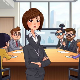 An animated scene of a professional woman with short brown hair, dressed in a smart business suit, standing in front of a large conference table