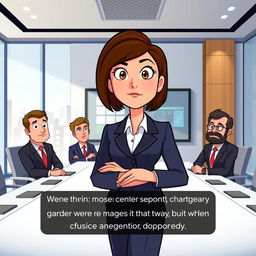 An animated scene of a professional woman with short brown hair, dressed in a smart business suit, standing in front of a large conference table