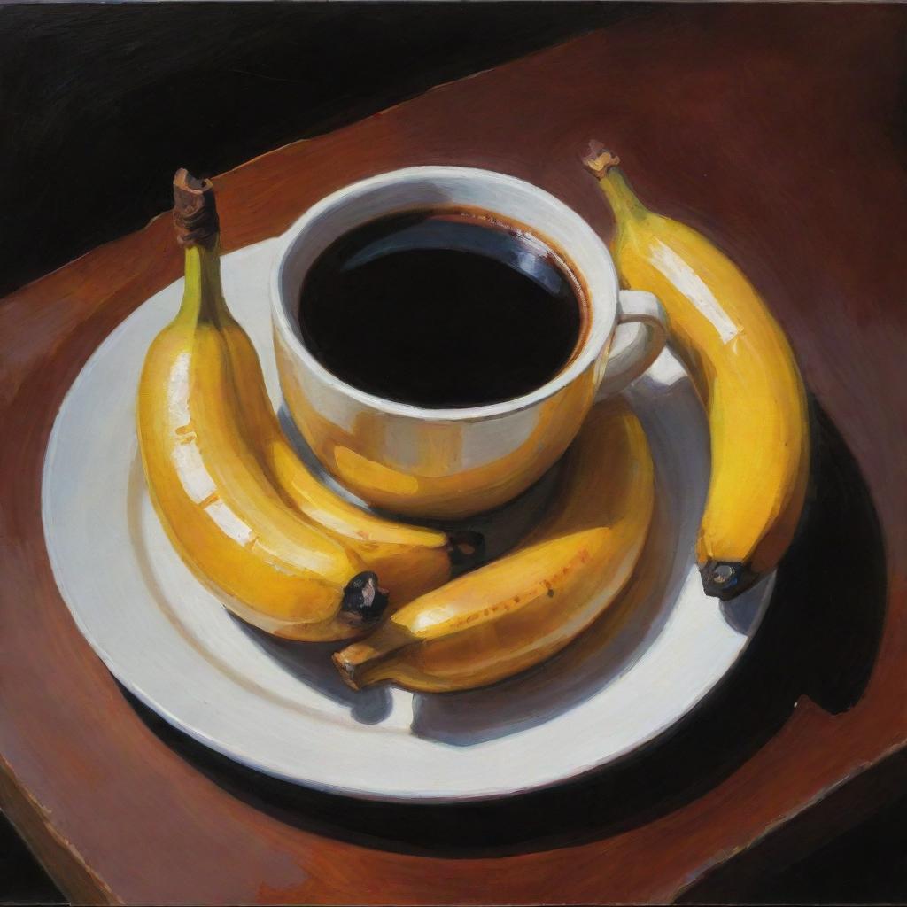 An artistic representation of a warm, inviting cup of coffee and a lusciously grilled banana on a stick. The painting captures the deep, rich colors and comfortable warmth associated with the food.