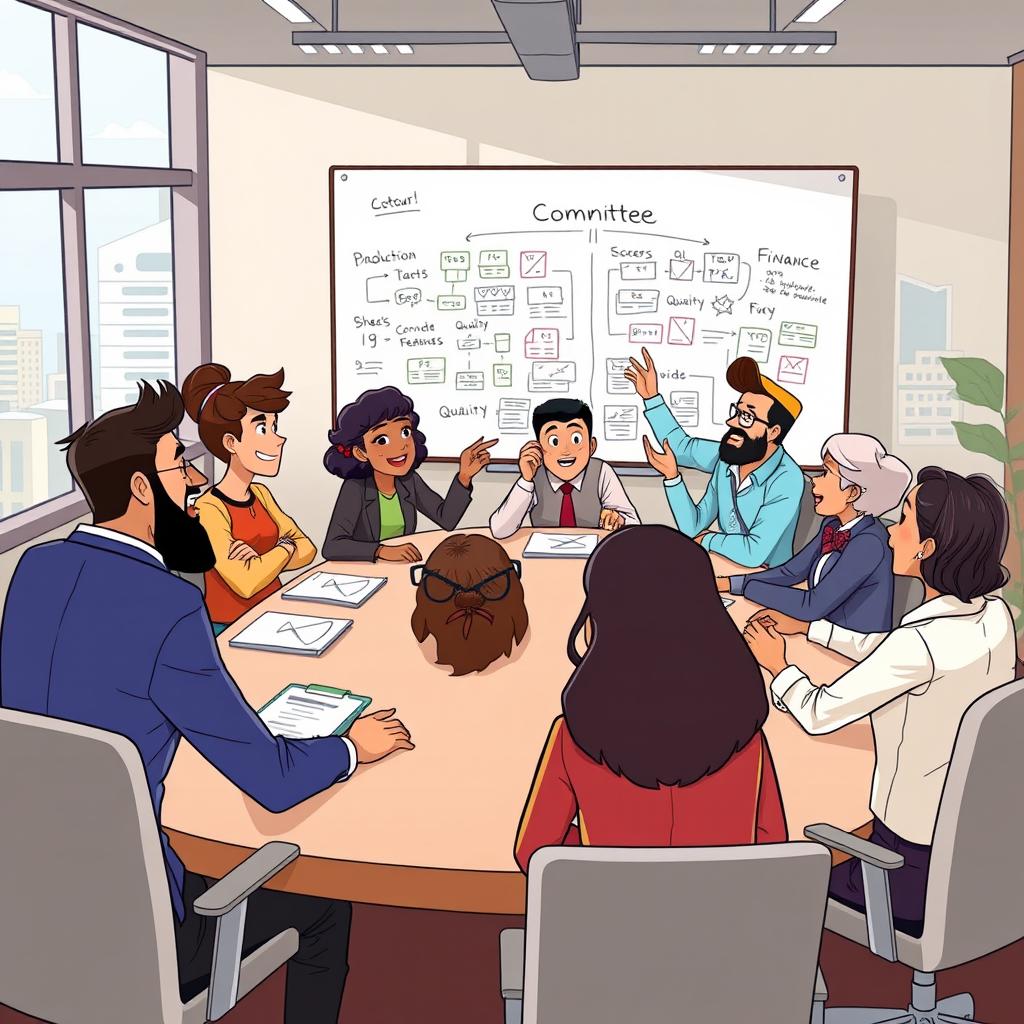 An animated scene depicting a group of diverse characters seated around a big conference table, engaged in a collaborative discussion