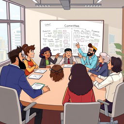 An animated scene depicting a group of diverse characters seated around a big conference table, engaged in a collaborative discussion