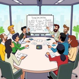 An animated scene depicting a group of diverse characters seated around a big conference table, engaged in a collaborative discussion