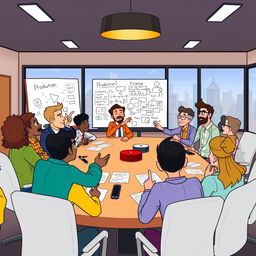 An animated scene depicting a group of diverse characters seated around a big conference table, engaged in a collaborative discussion