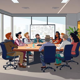 An animated scene depicting a group of diverse characters seated around a big conference table, engaged in a collaborative discussion