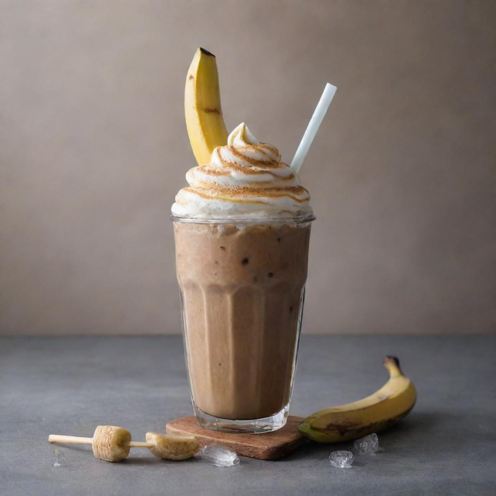 An artistic image that encompasses a frosty, iced coffee juxtaposed with a grilled, caramelized banana on a stick, emphasizing the contrast between the cool beverage and the warm snack.