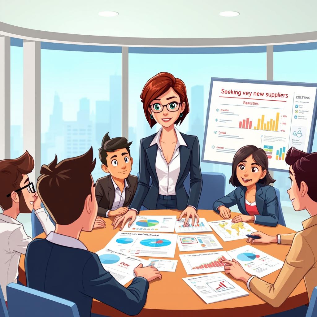 An animated scene featuring Ana, a woman with short brown hair in a stylish business outfit, collaborating with her diverse team in a modern conference room