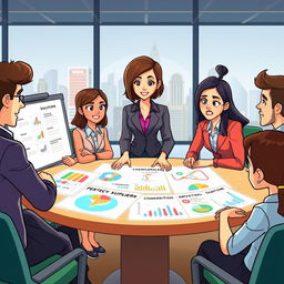 An animated scene featuring Ana, a woman with short brown hair in a stylish business outfit, collaborating with her diverse team in a modern conference room