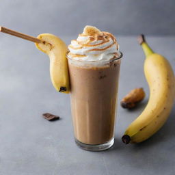 An artistic image that encompasses a frosty, iced coffee juxtaposed with a grilled, caramelized banana on a stick, emphasizing the contrast between the cool beverage and the warm snack.