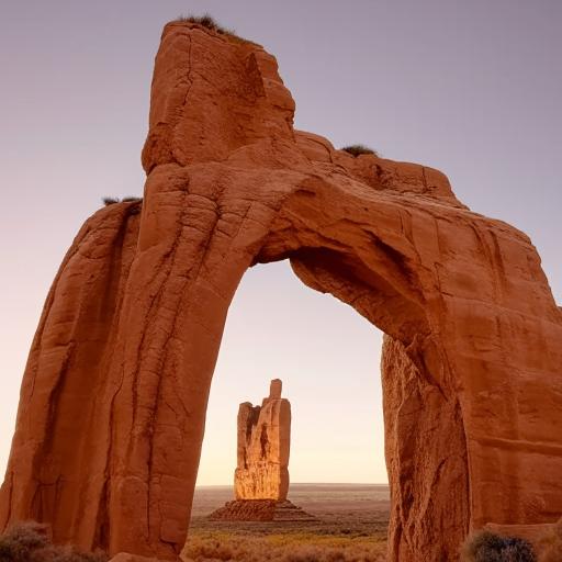 A warm, western scene with an elegant, emphatic arched monument glowing in cream color.