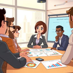 An animated scene featuring Ana, a woman with short brown hair in a stylish business outfit, collaborating with her diverse team in a modern conference room