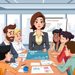 An animated scene featuring Ana, a woman with short brown hair in a stylish business outfit, collaborating with her diverse team in a modern conference room